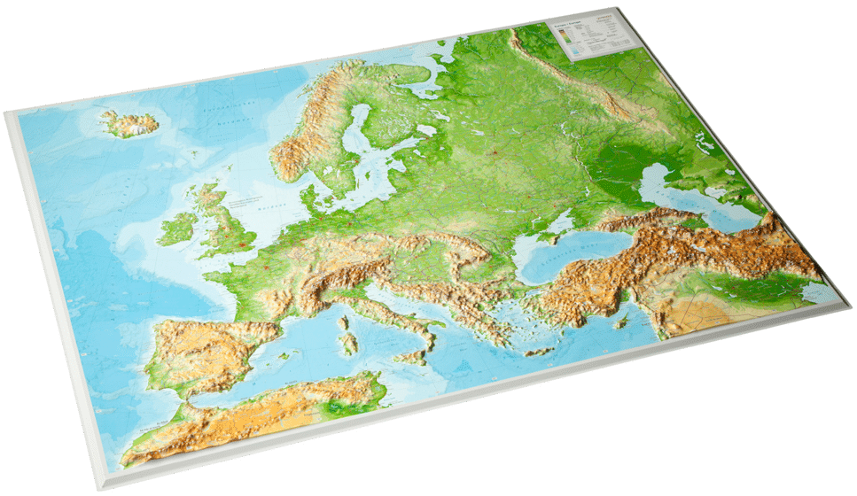 Eine 3D-Reliefkarte von Europa. In diesem Beispiel ist eine Karte ohne zusätzlichen Rahmen abgebildet, die allerdings zum super Redeanlass werden kann.